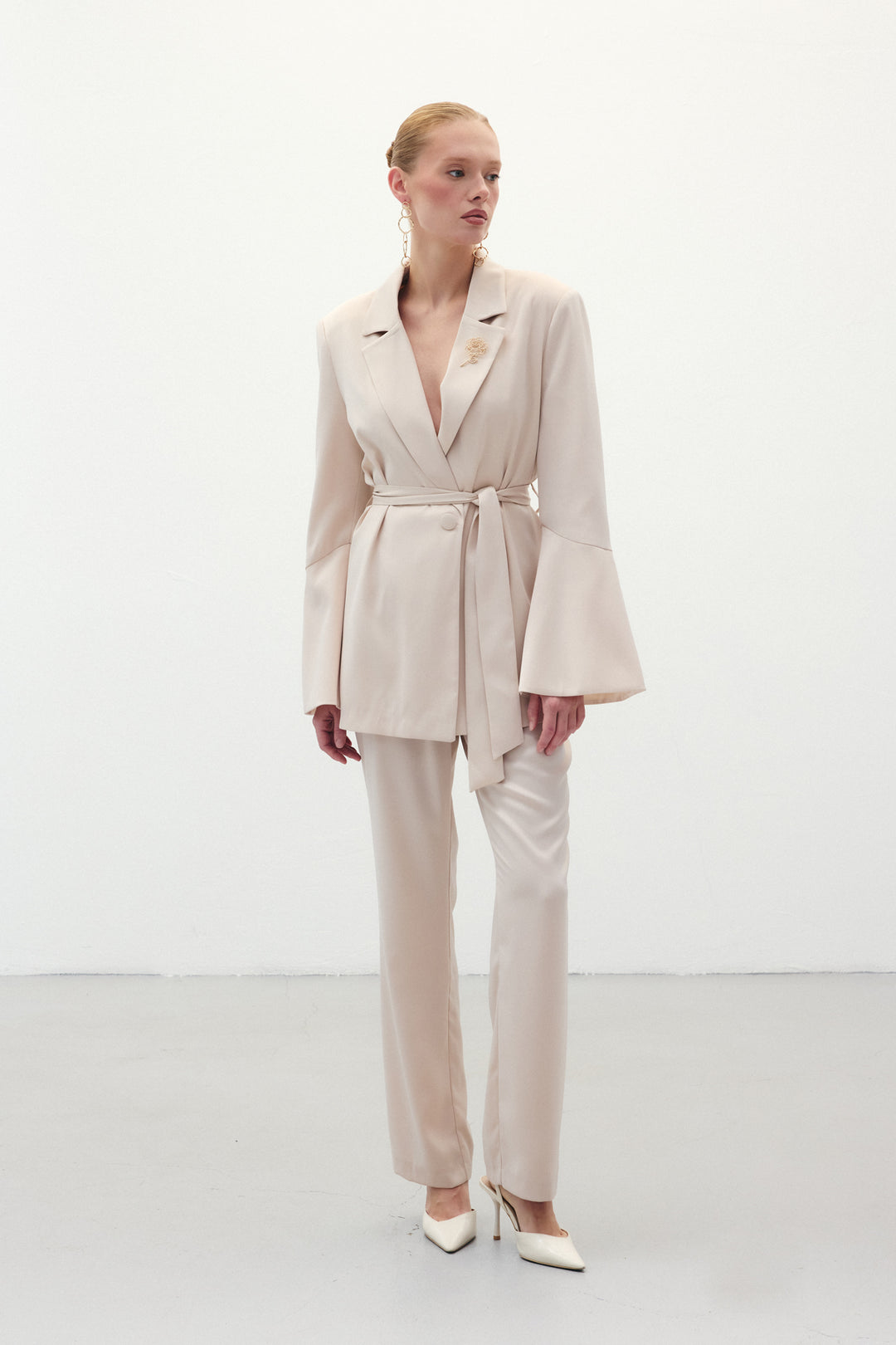 Sateen Pantalon Droit Classique - Beige