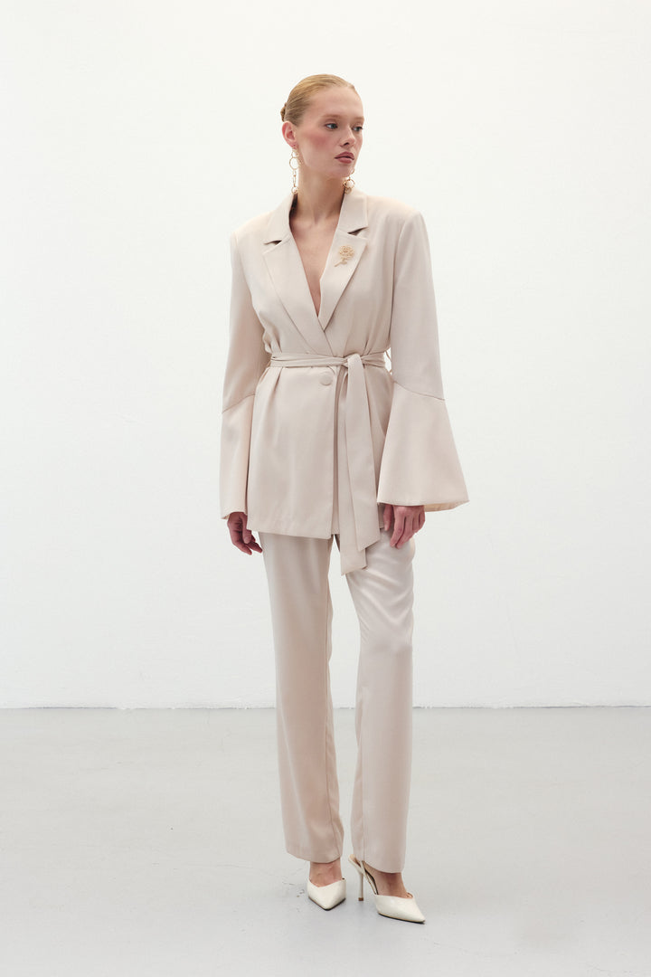 Sateen Pantalon Droit Classique - Beige