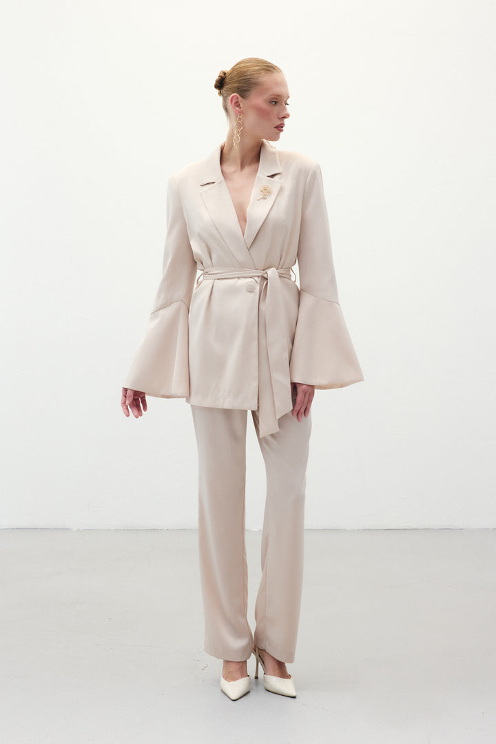 Sateen Pantalon Droit Classique - Beige