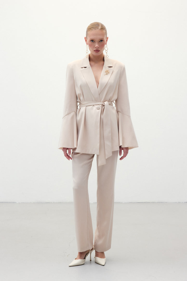 Sateen Pantalon Droit Classique - Beige