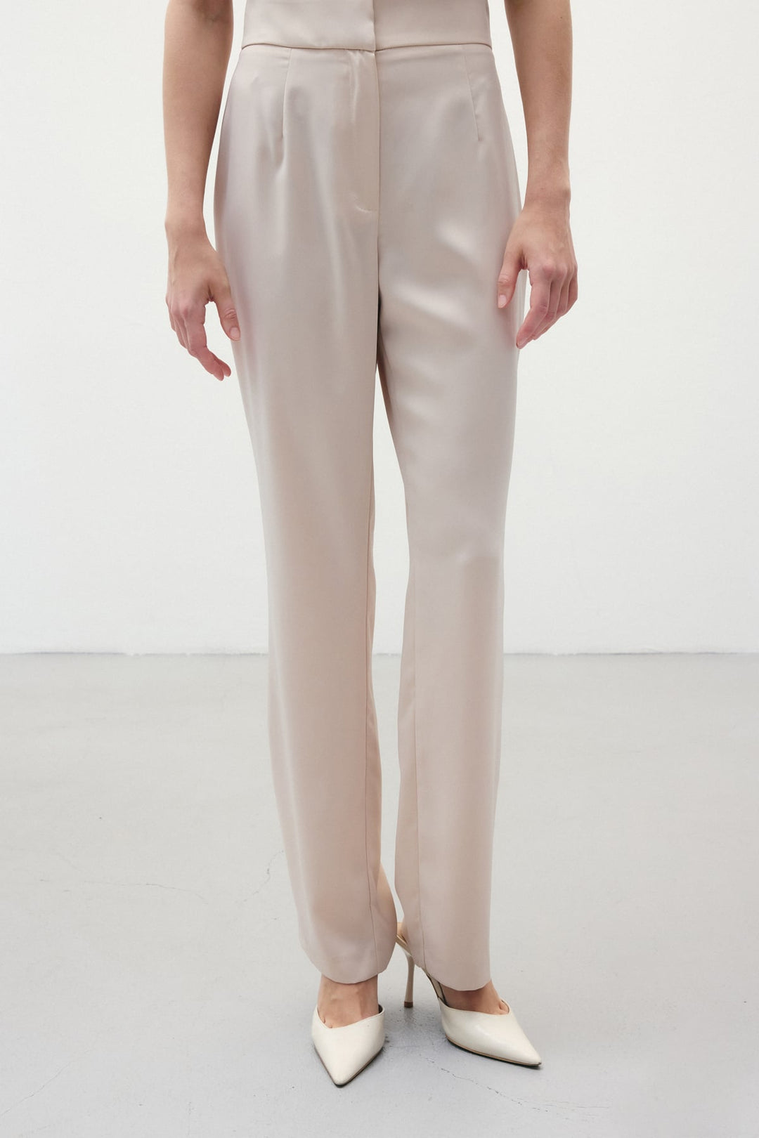 Sateen Pantalon Droit Classique - Beige