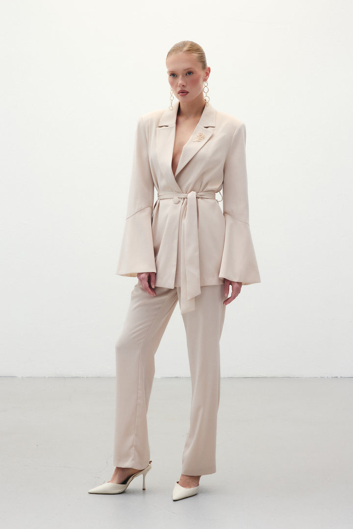 Sateen Pantalon Droit Classique - Beige