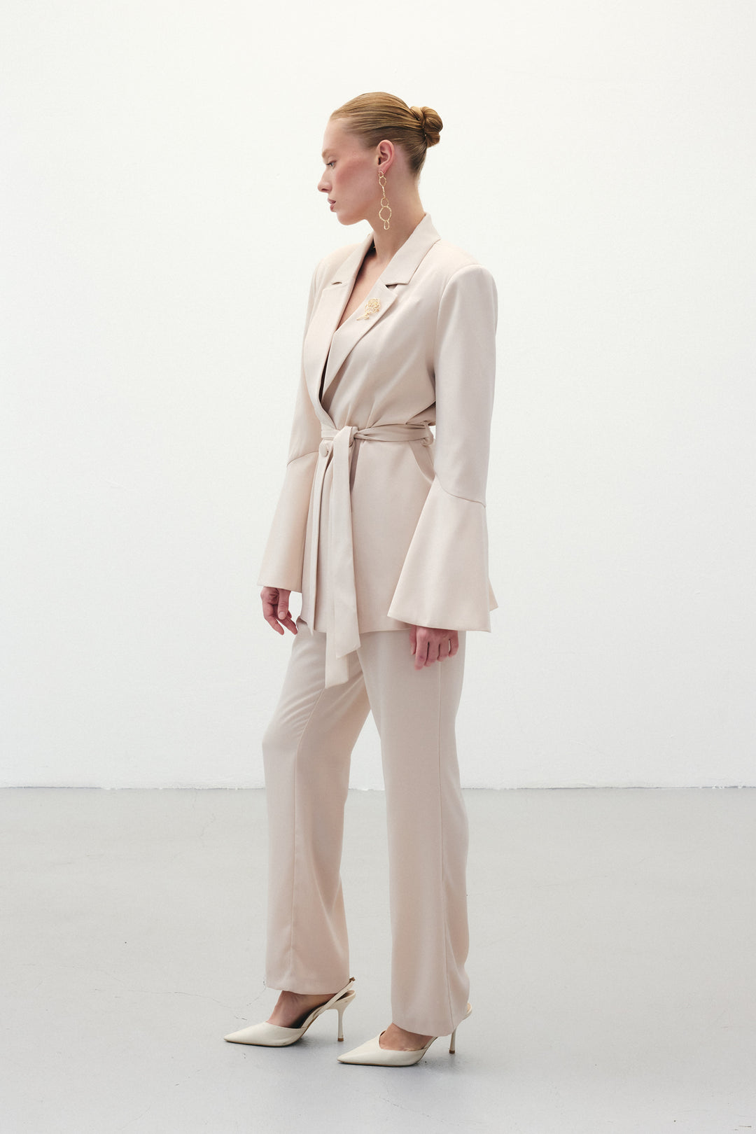 Sateen Pantalon Droit Classique - Beige