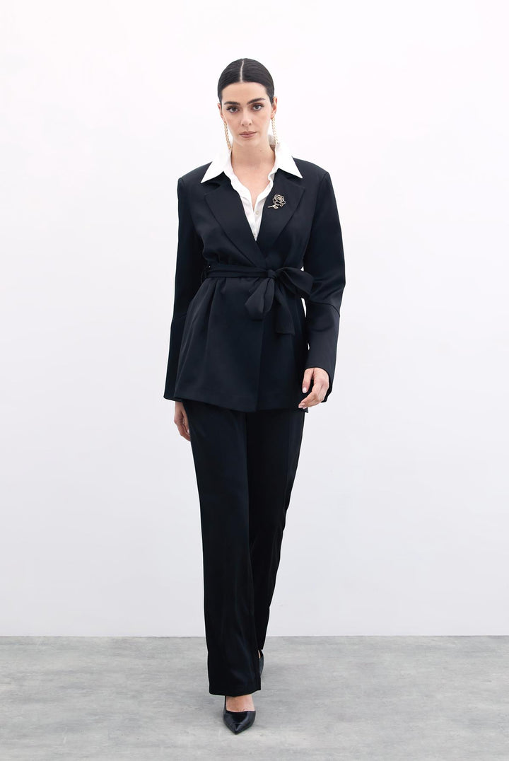 Sateen Pantalon Droit Classique - Noir