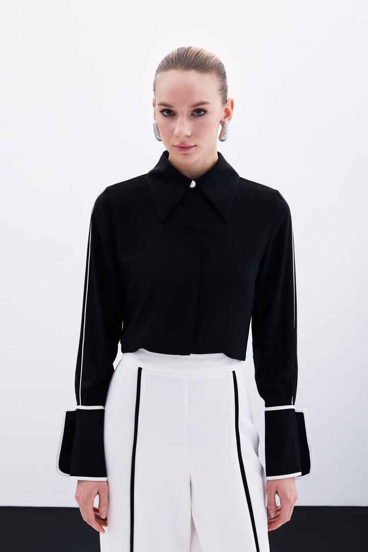 Sateen Chemise Classique à Manches Contrastées - Noir