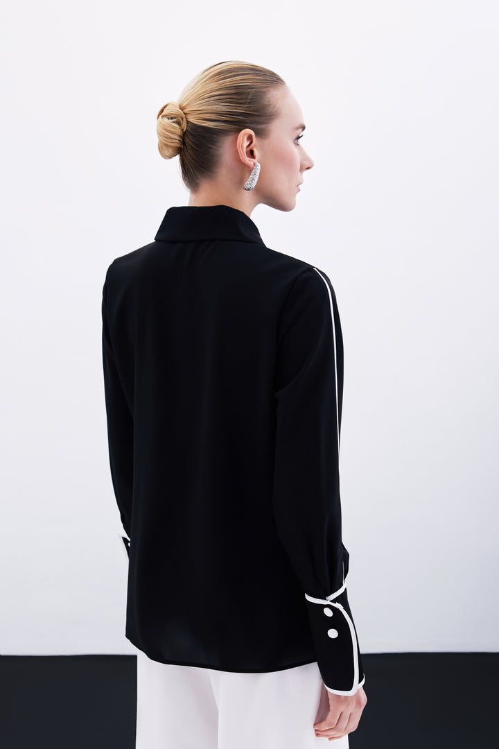 Sateen Chemise Classique à Manches Contrastées - Noir
