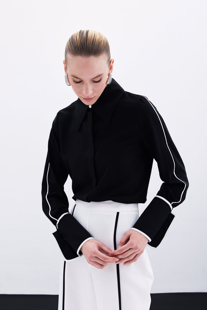 Sateen Chemise Classique à Manches Contrastées - Noir