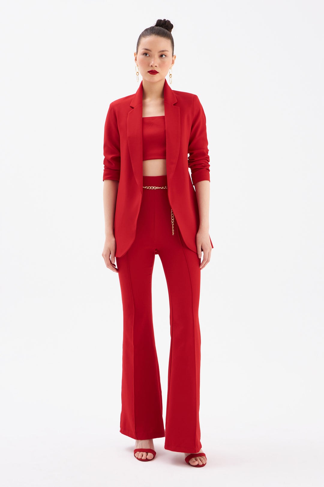 Sateen Veste longue à col classique - Rouge