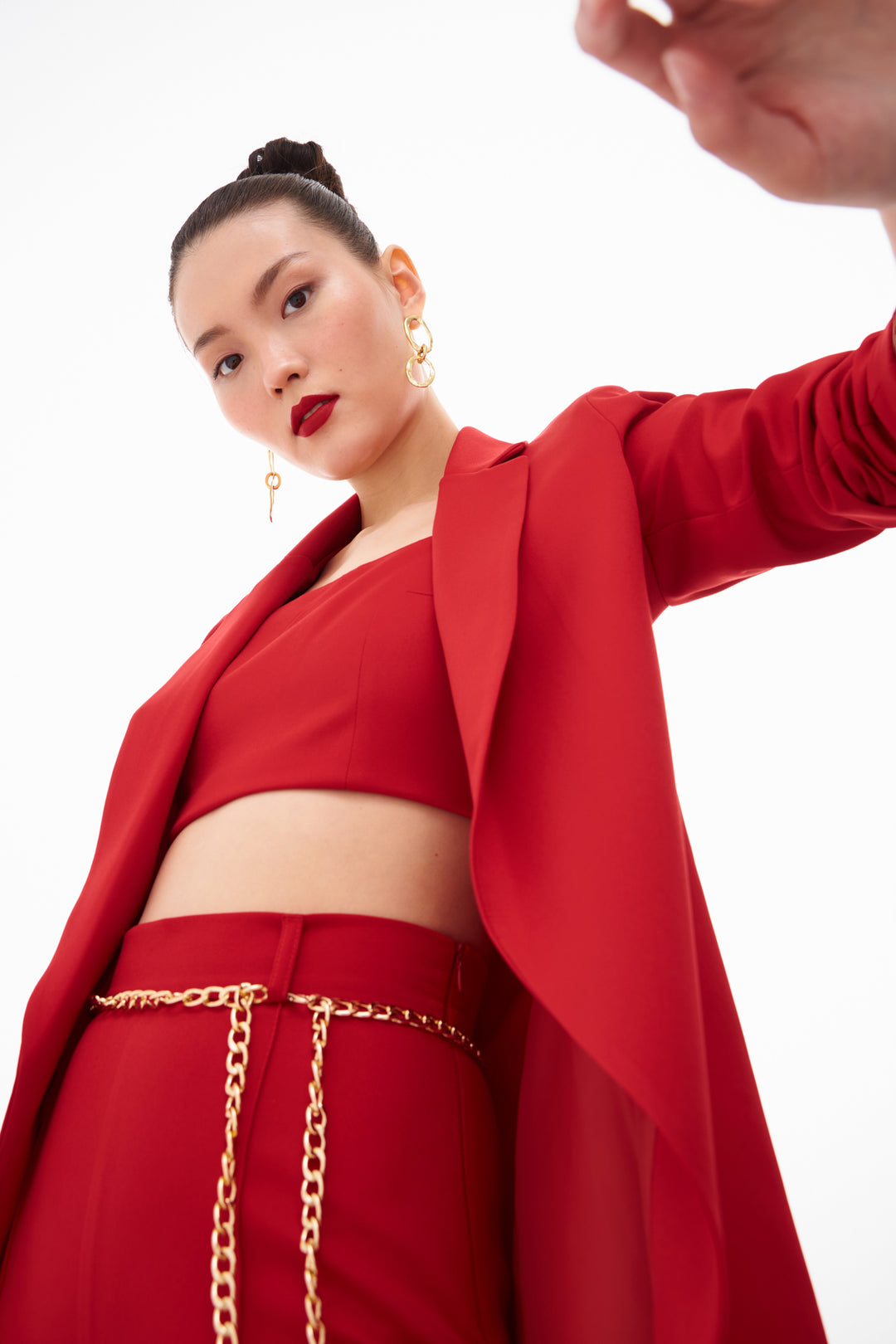 Sateen Veste longue à col classique - Rouge
