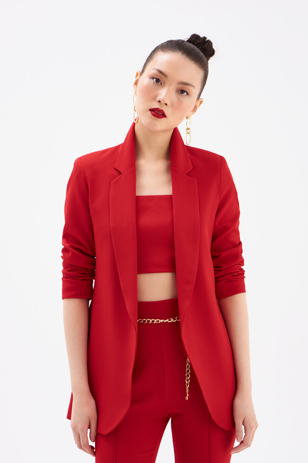 Sateen Veste longue à col classique - Rouge