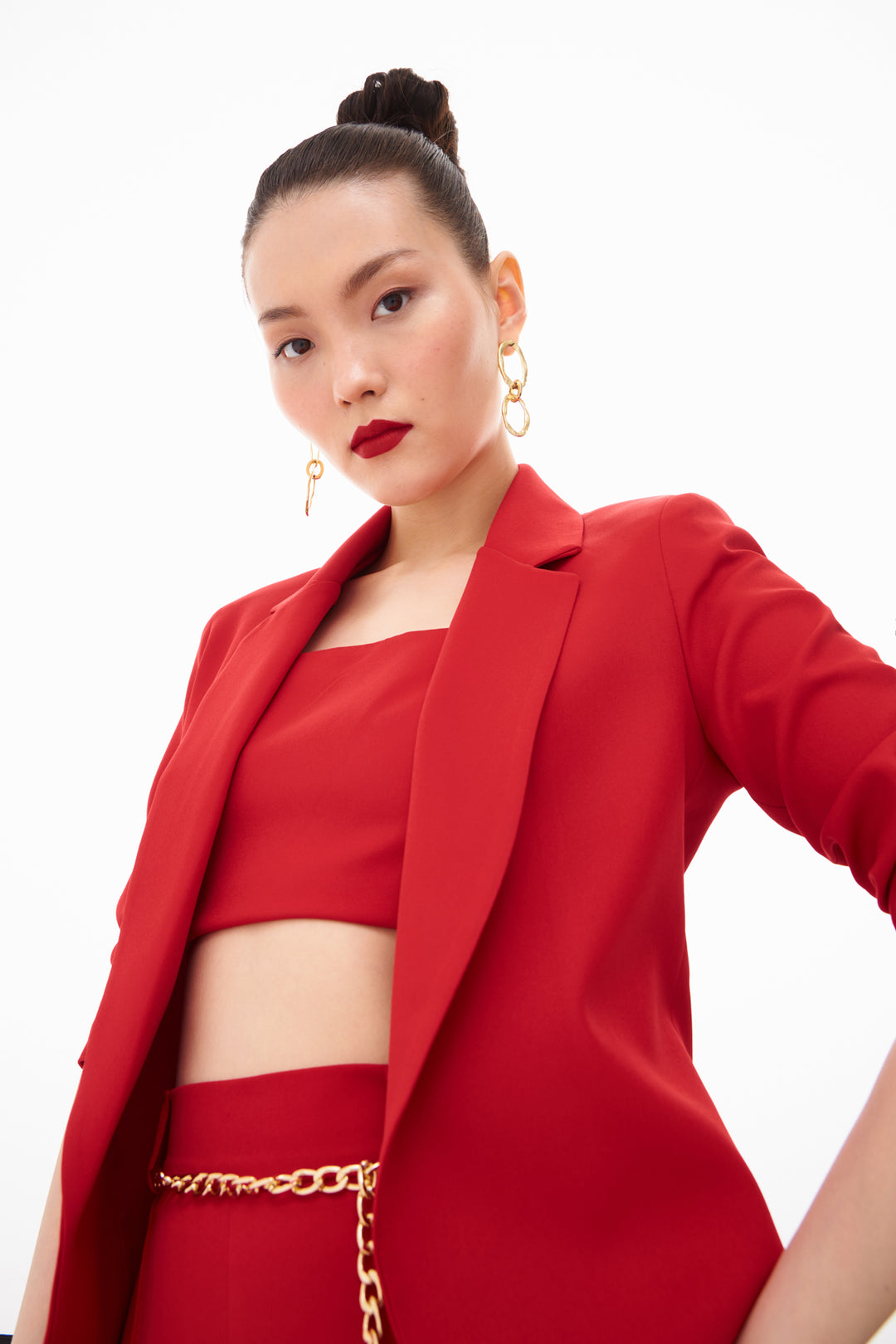 Sateen Veste longue à col classique - Rouge