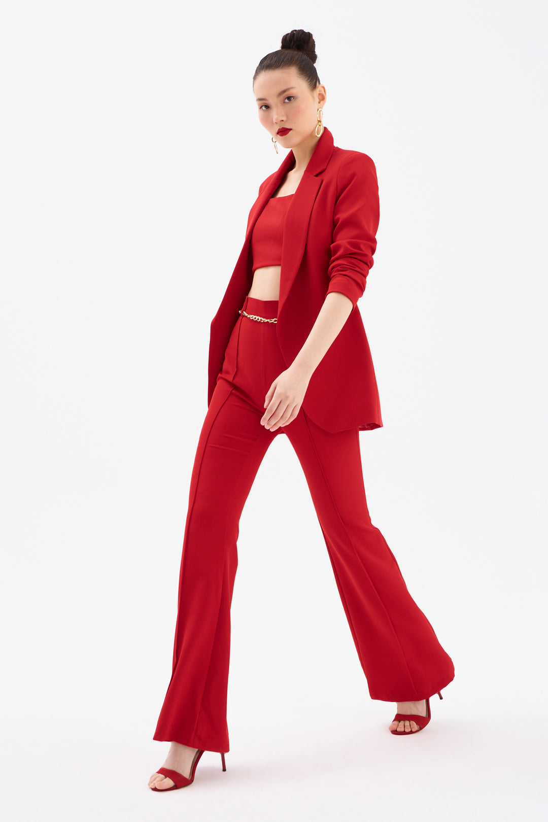 Sateen Veste longue à col classique - Rouge