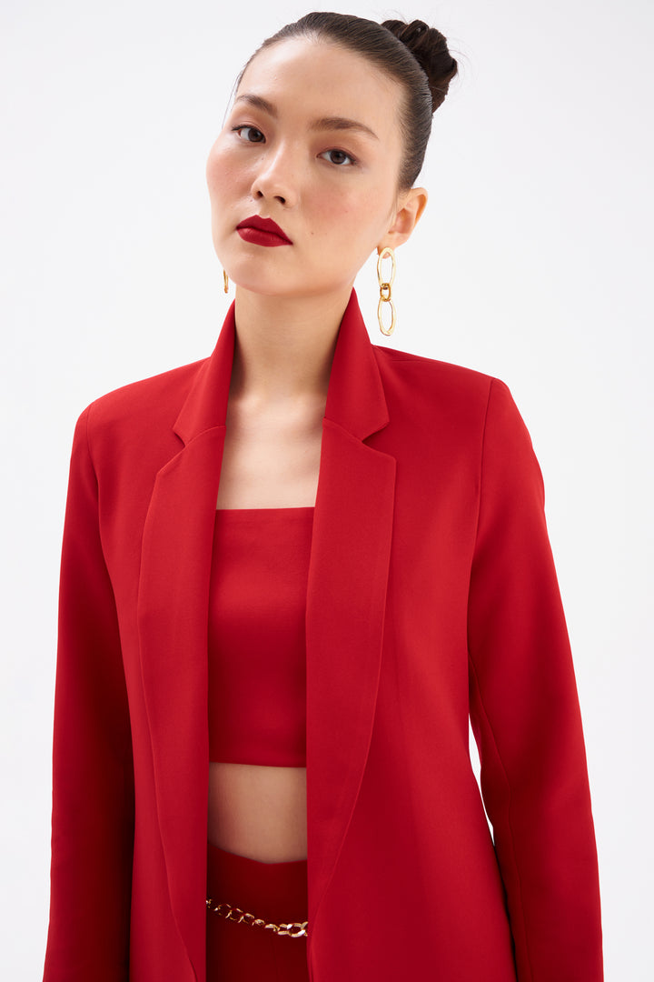 Sateen Veste longue à col classique - Rouge