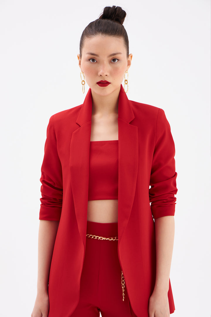 Sateen Veste longue à col classique - Rouge