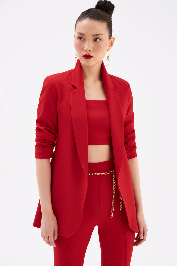 Sateen Veste longue à col classique - Rouge