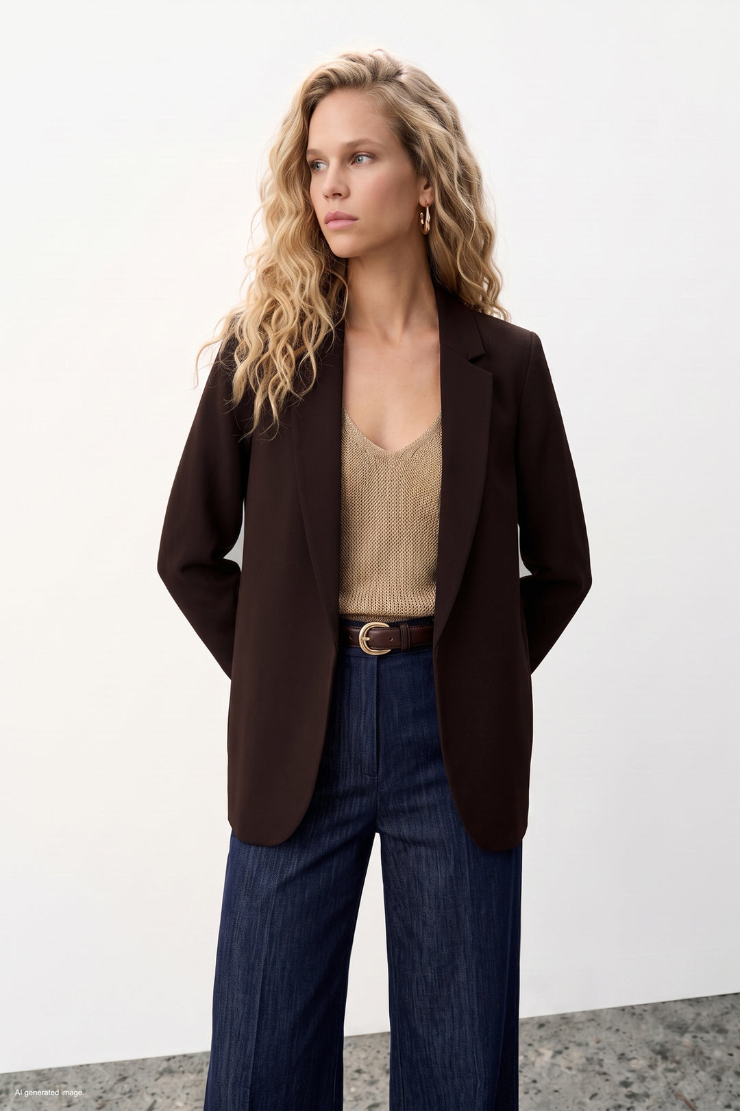 Sateen Veste longue à col classique - Marron