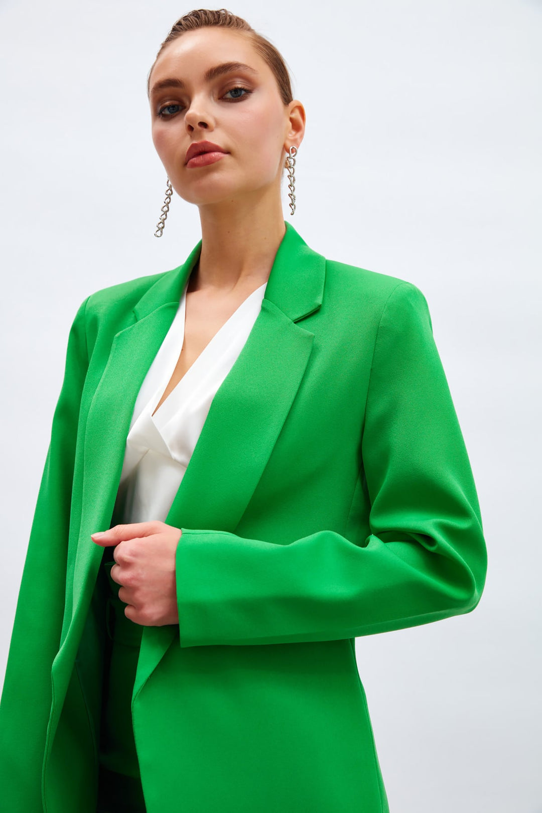 Sateen Veste longue à col classique - Foncé Vert