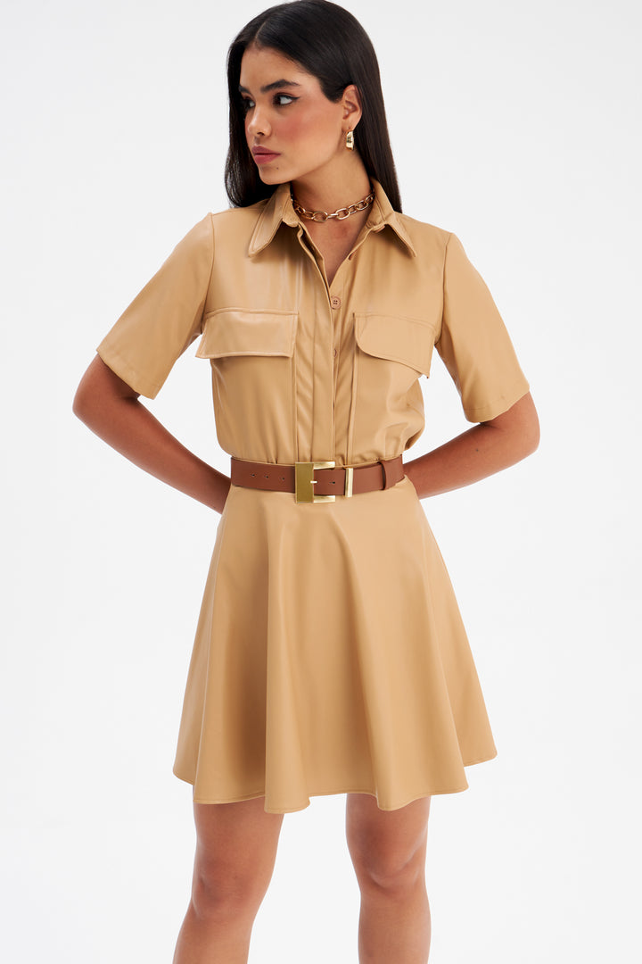 Sateen Jupe en cuir mini évasée - Beige