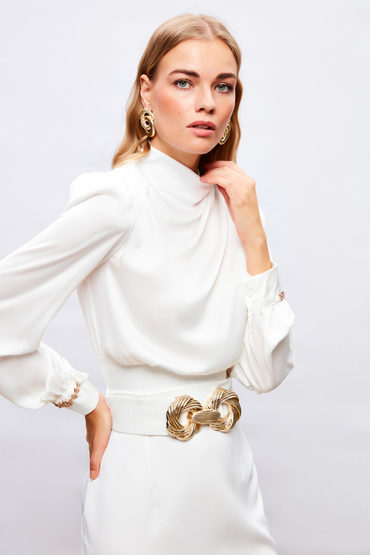 Sateen Blouse avec détail d'accessoire aux manches - Écru