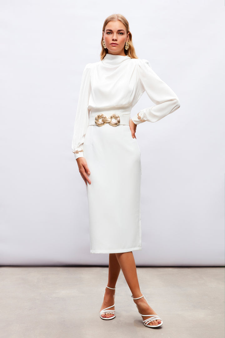 Sateen Blouse avec détail d'accessoire aux manches - Écru
