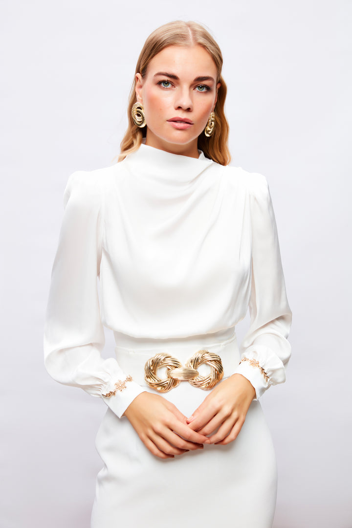 Sateen Blouse avec détail d'accessoire aux manches - Écru