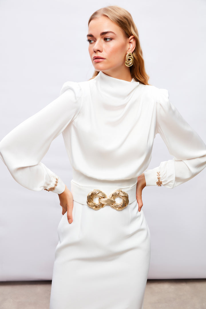 Sateen Blouse avec détail d'accessoire aux manches - Écru