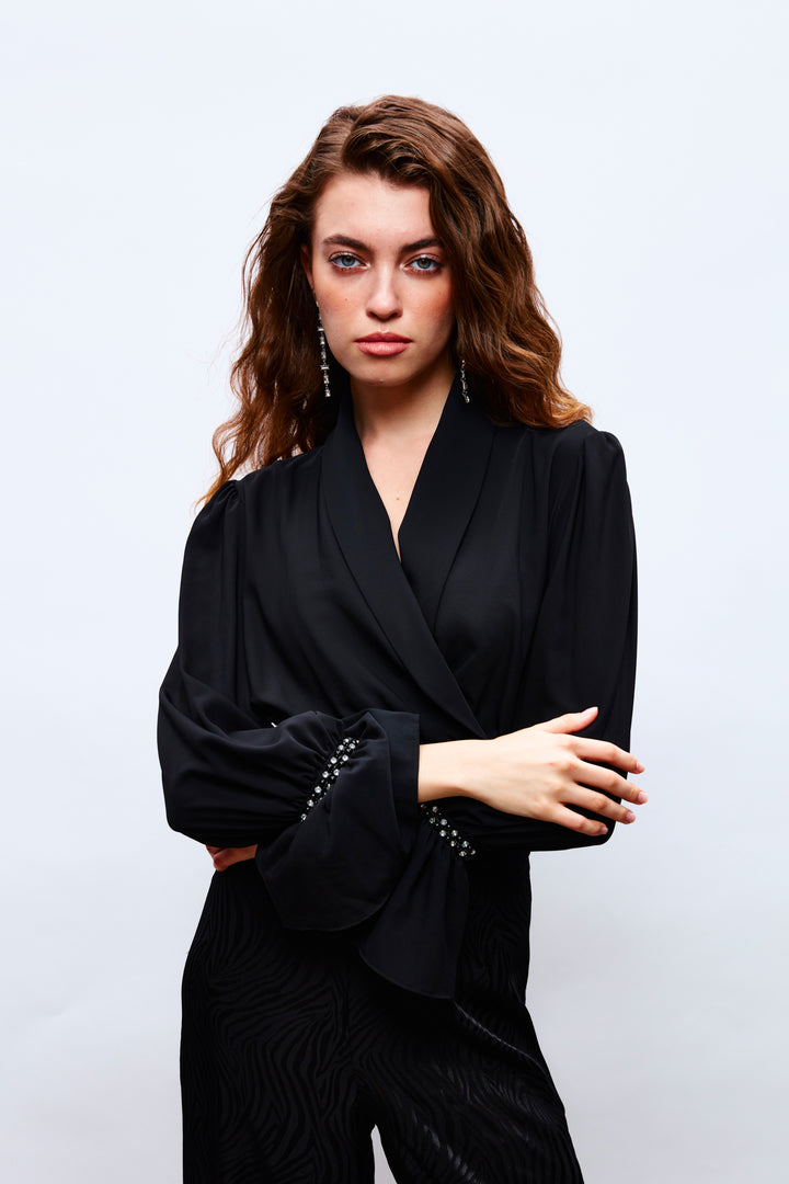 Sateen Blouse avec détails d'accessoires de manches - Noir