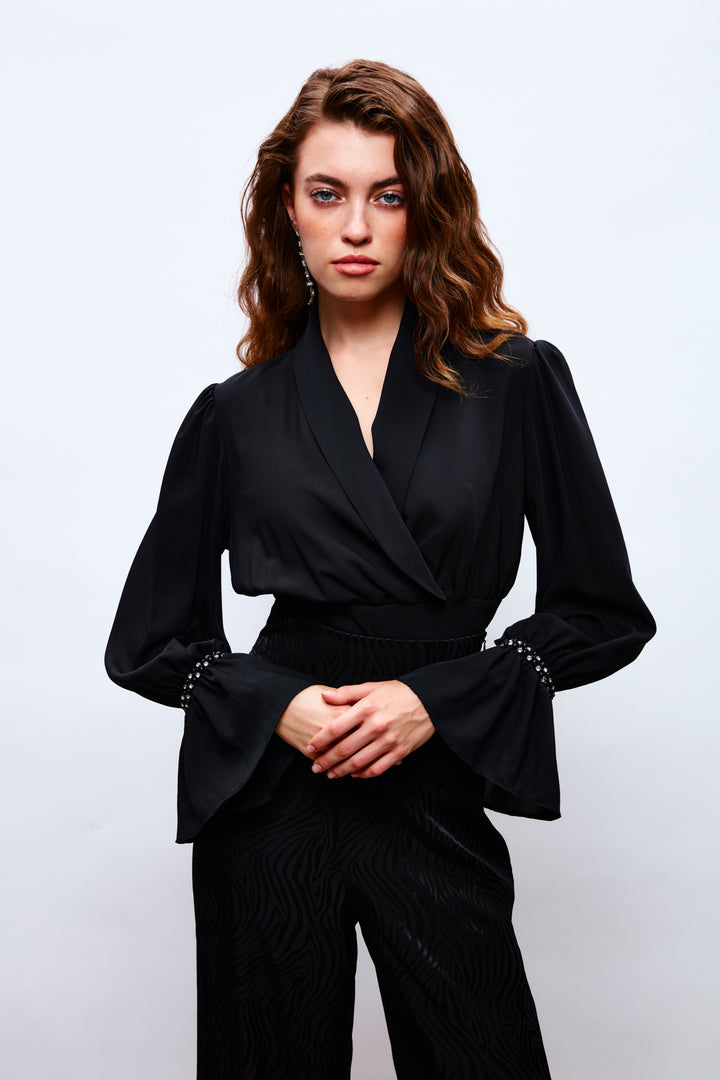 Sateen Blouse avec détails d'accessoires de manches - Noir