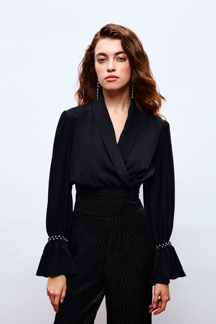 Sateen Blouse avec détails d'accessoires de manches - Noir