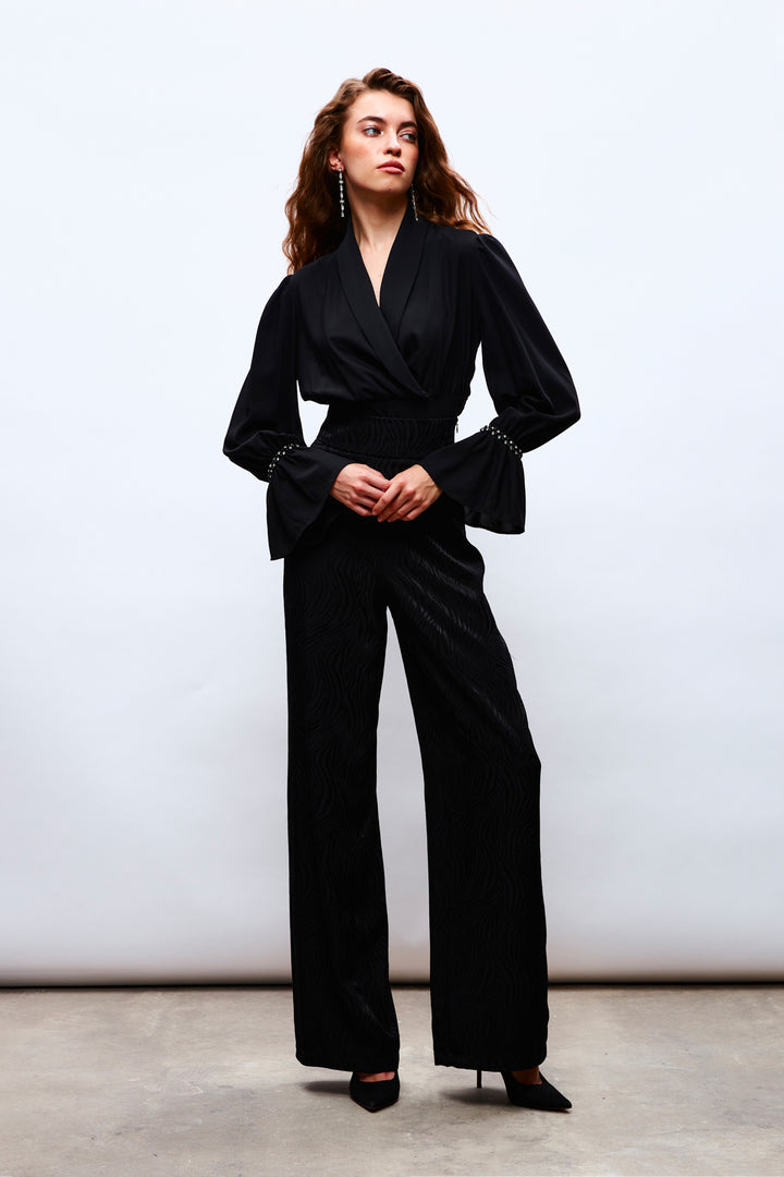 Sateen Blouse avec détails d'accessoires de manches - Noir