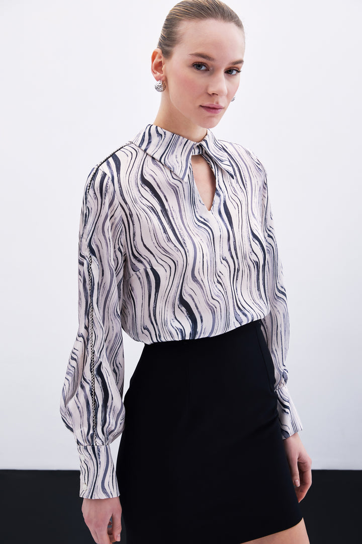 Sateen Blouse à motifs avec accessoires - Noir