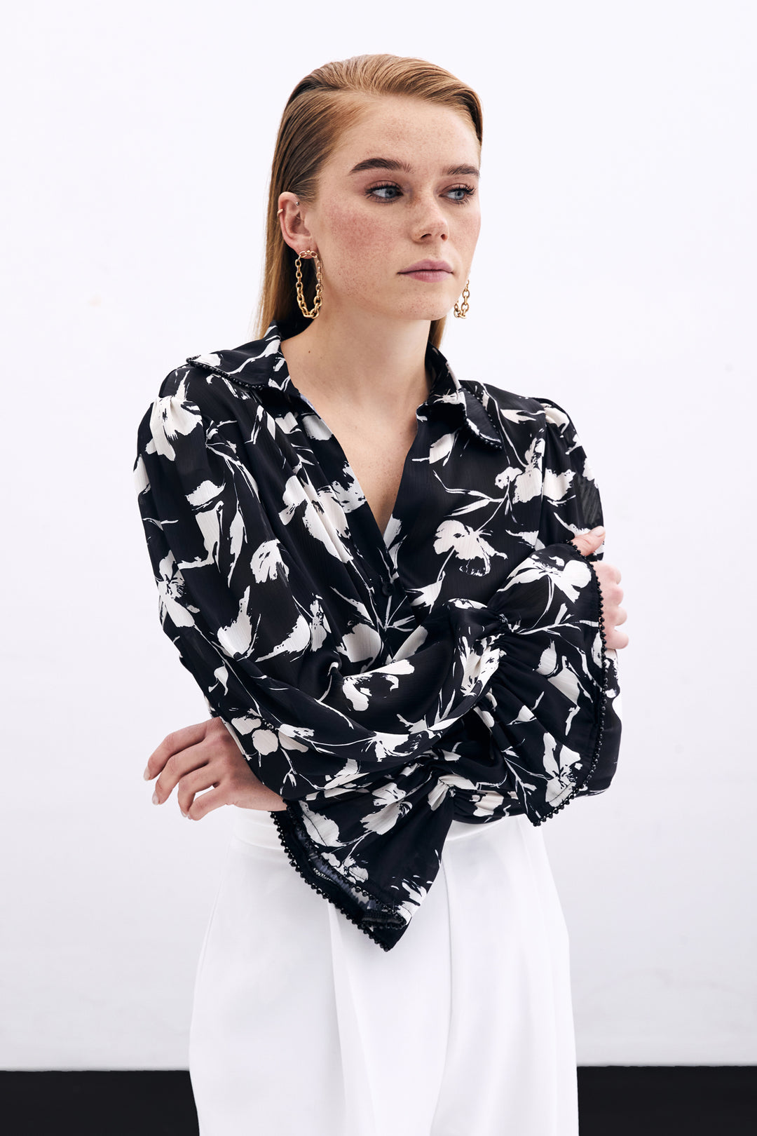 Sateen Chemise avec détails de manches - Noir