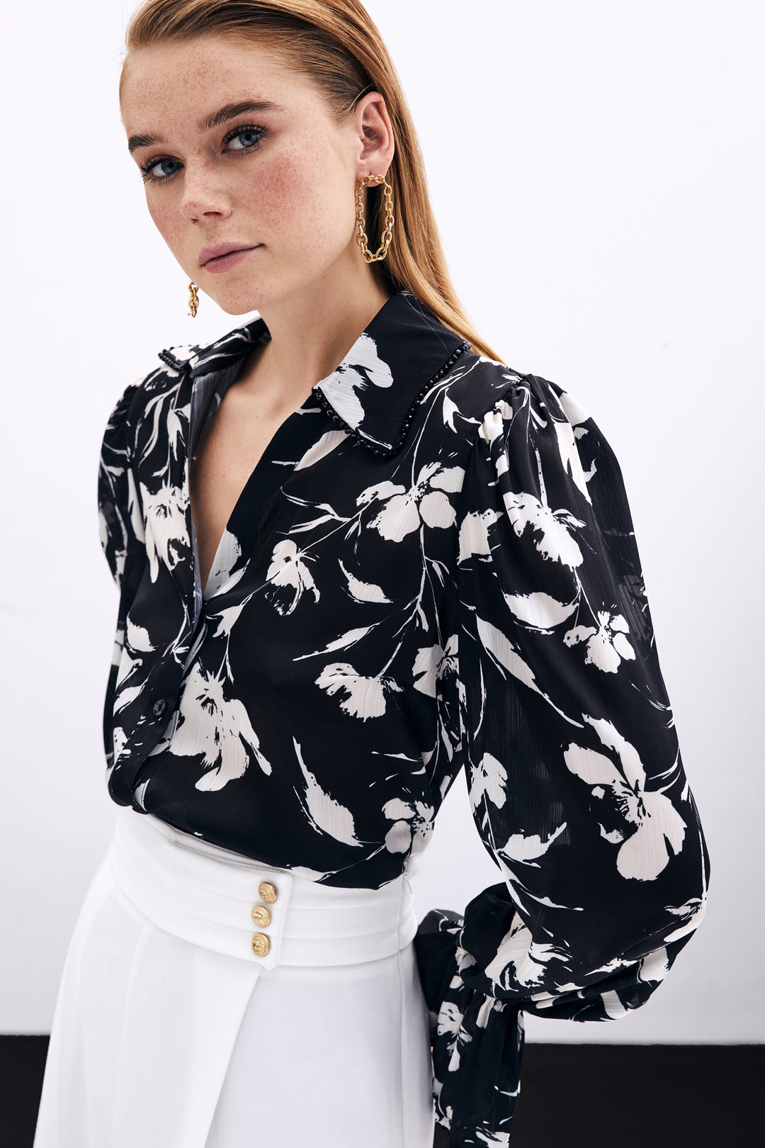 Sateen Chemise avec détails de manches - Noir