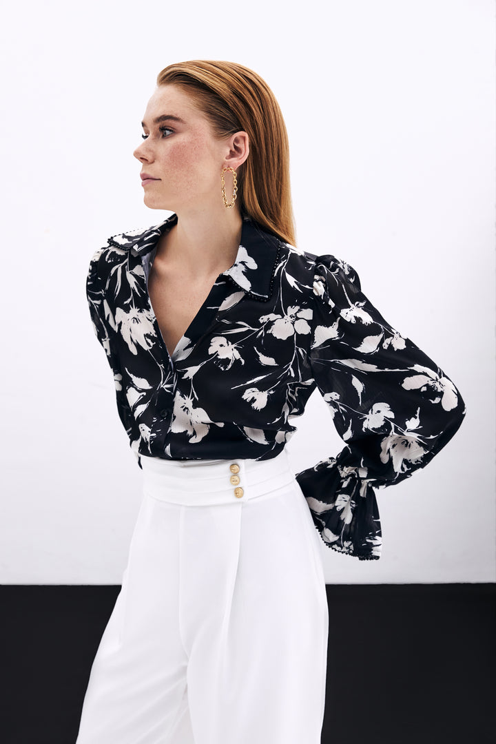Sateen Chemise avec détails de manches - Noir