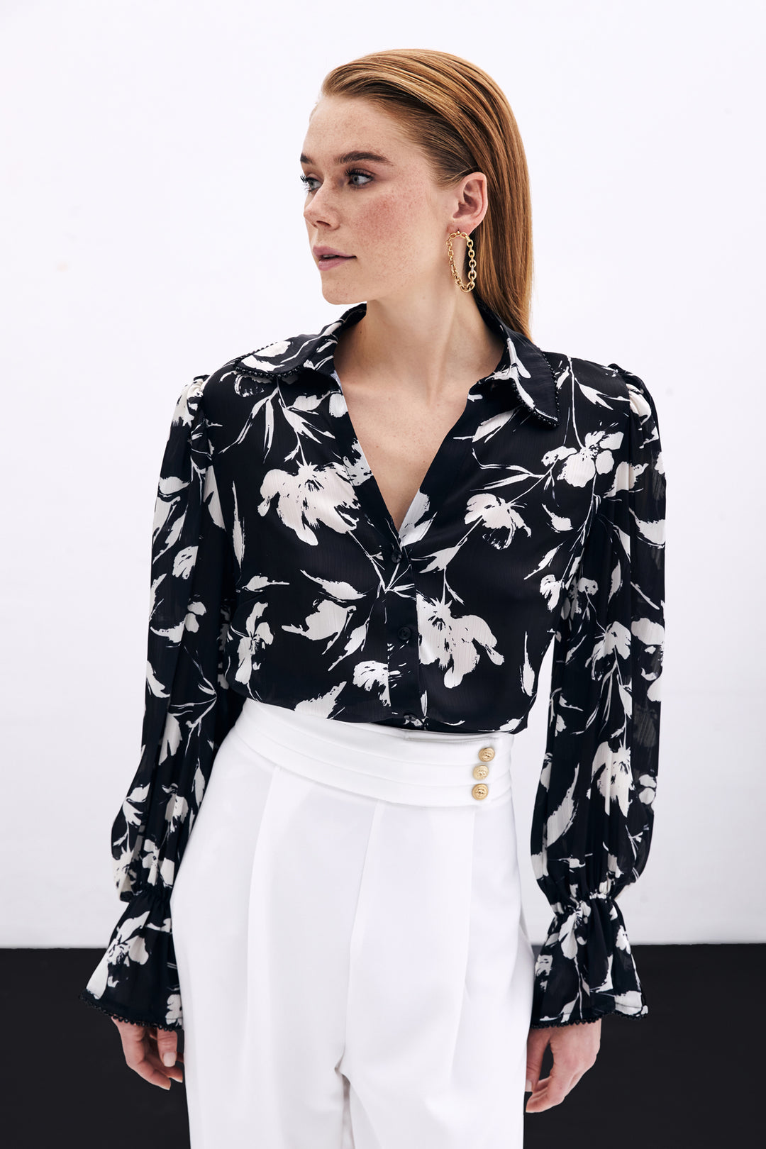 Sateen Chemise avec détails de manches - Noir