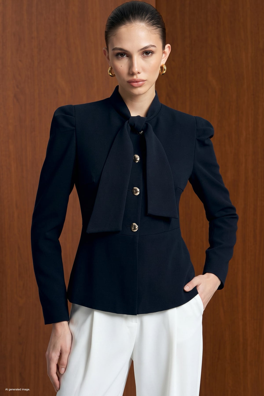 Sateen Veste Courte à Détails de Manches - Bleu marine