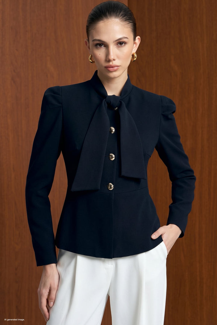 Sateen Veste Courte à Détails de Manches - Bleu marine