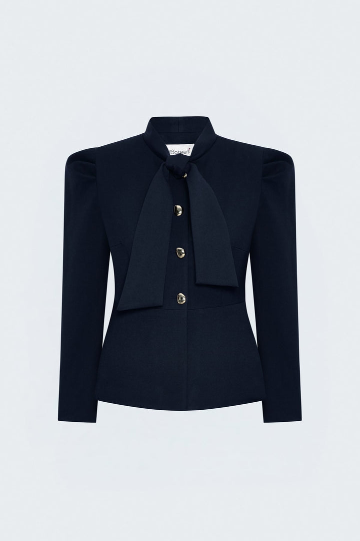 Sateen Veste Courte à Détails de Manches - Bleu marine