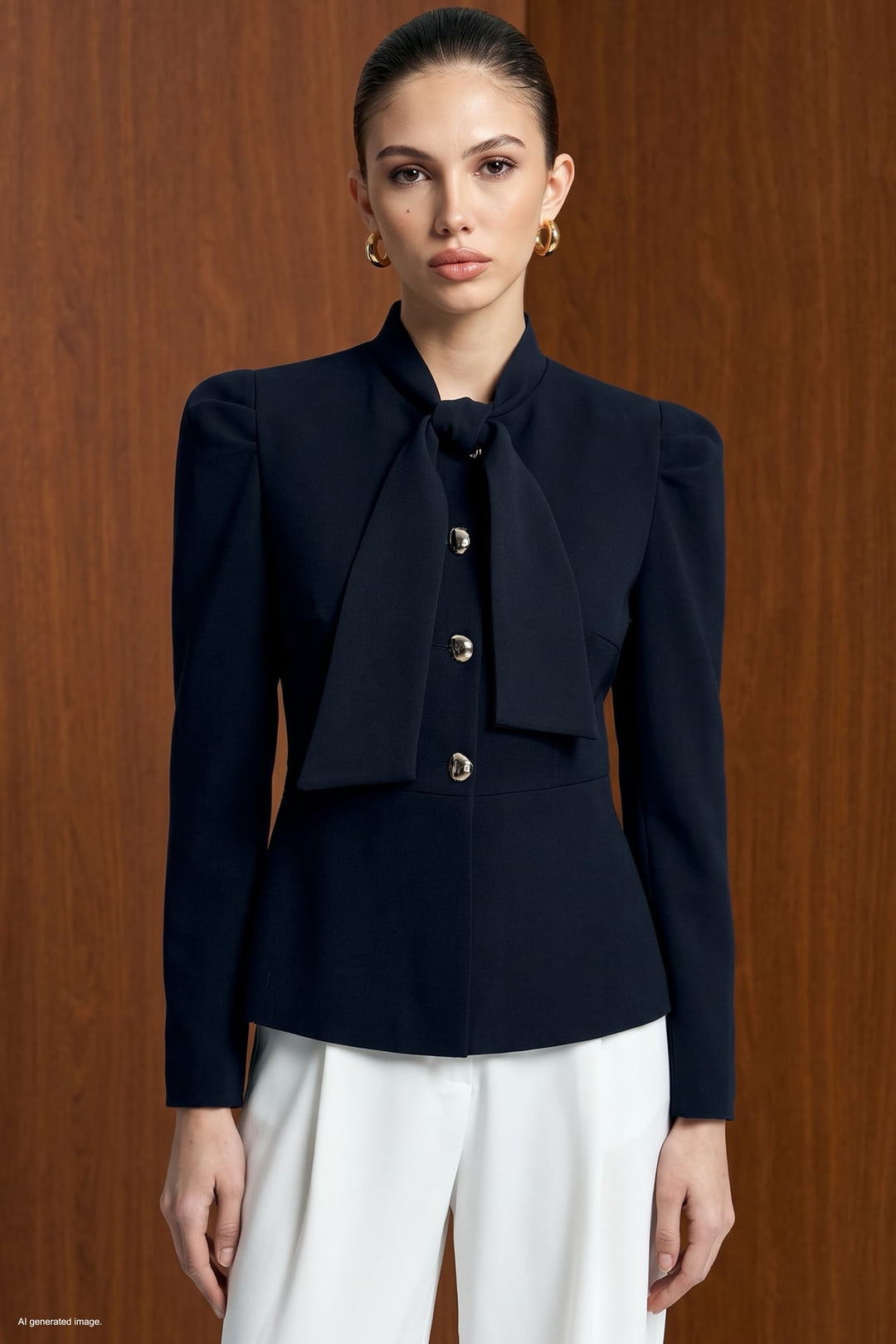 Sateen Veste Courte à Détails de Manches - Bleu marine