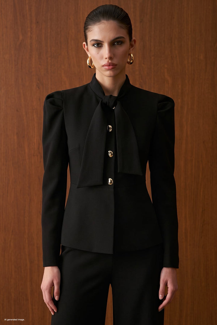 Sateen Veste Courte à Détails de Manches - Noir
