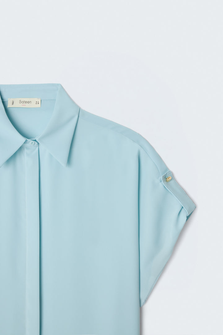 Sateen Chemise Ample à Détail Manches - bebe Bleu