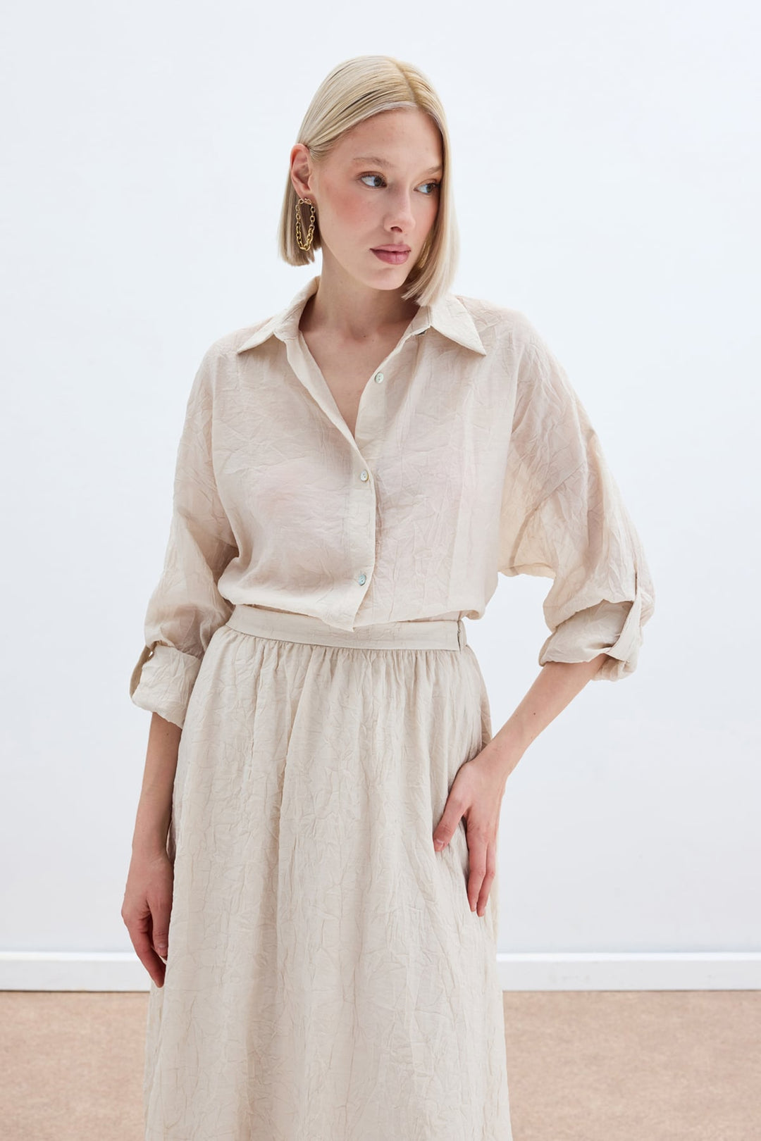 Sateen Chemise Ample avec Détails de Manches - Beige