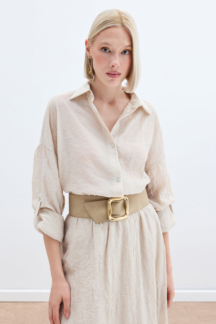 Sateen Chemise Ample avec Détails de Manches - Beige