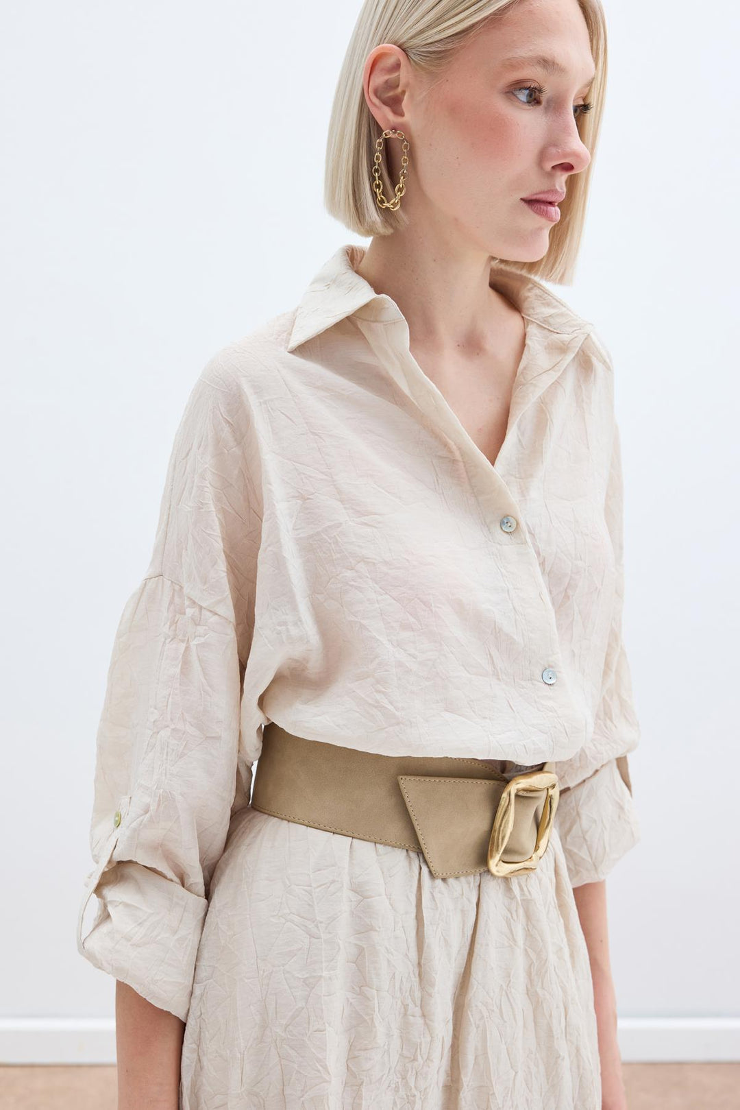 Sateen Chemise Ample avec Détails de Manches - Beige