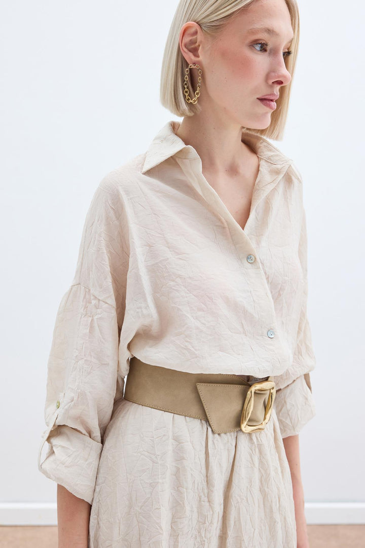 Sateen Chemise Ample avec Détails de Manches - Beige