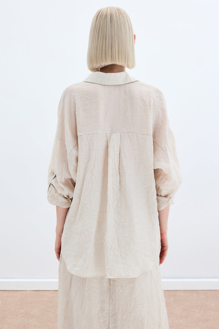 Sateen Chemise Ample avec Détails de Manches - Beige