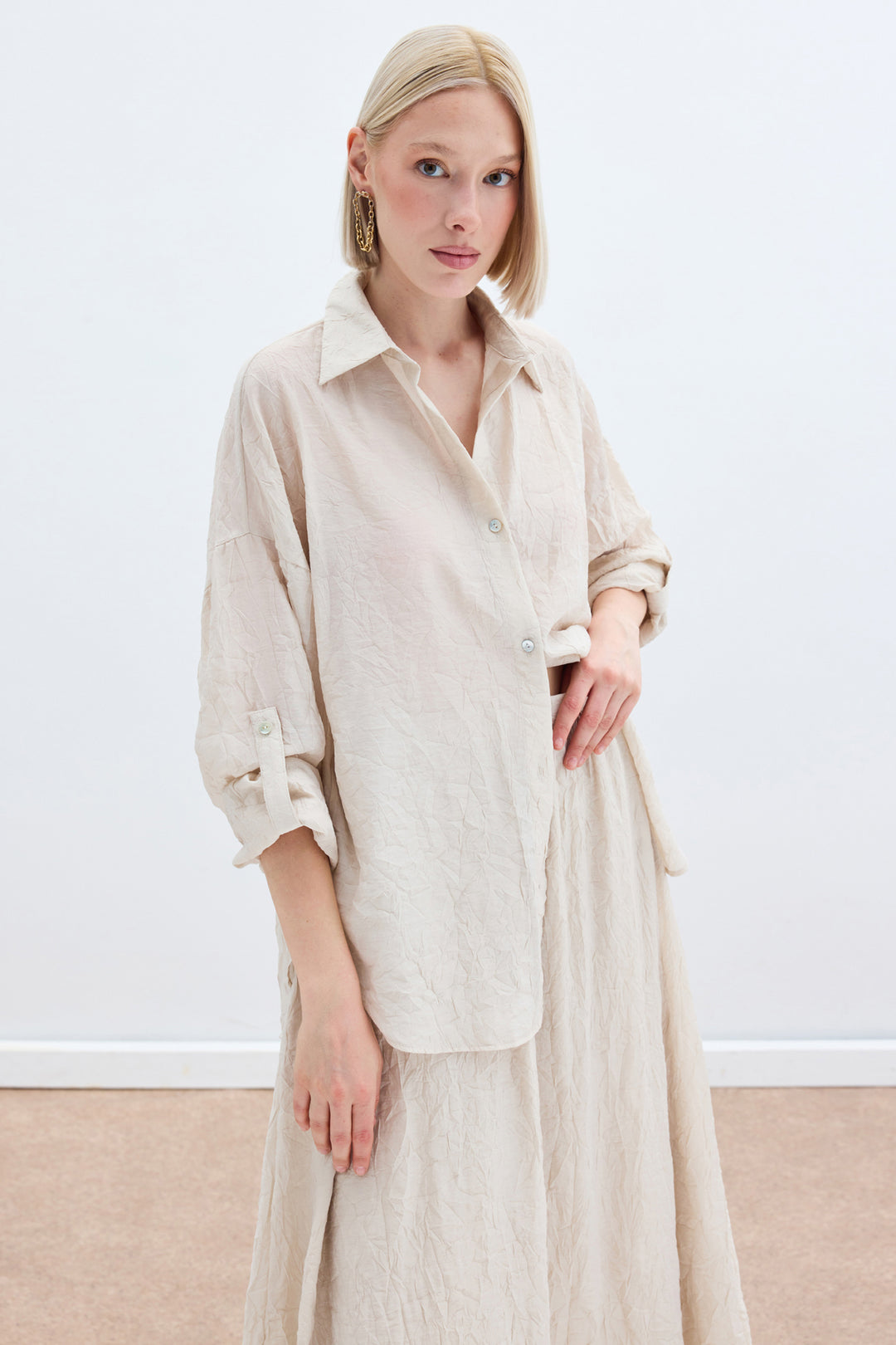 Sateen Chemise Ample avec Détails de Manches - Beige