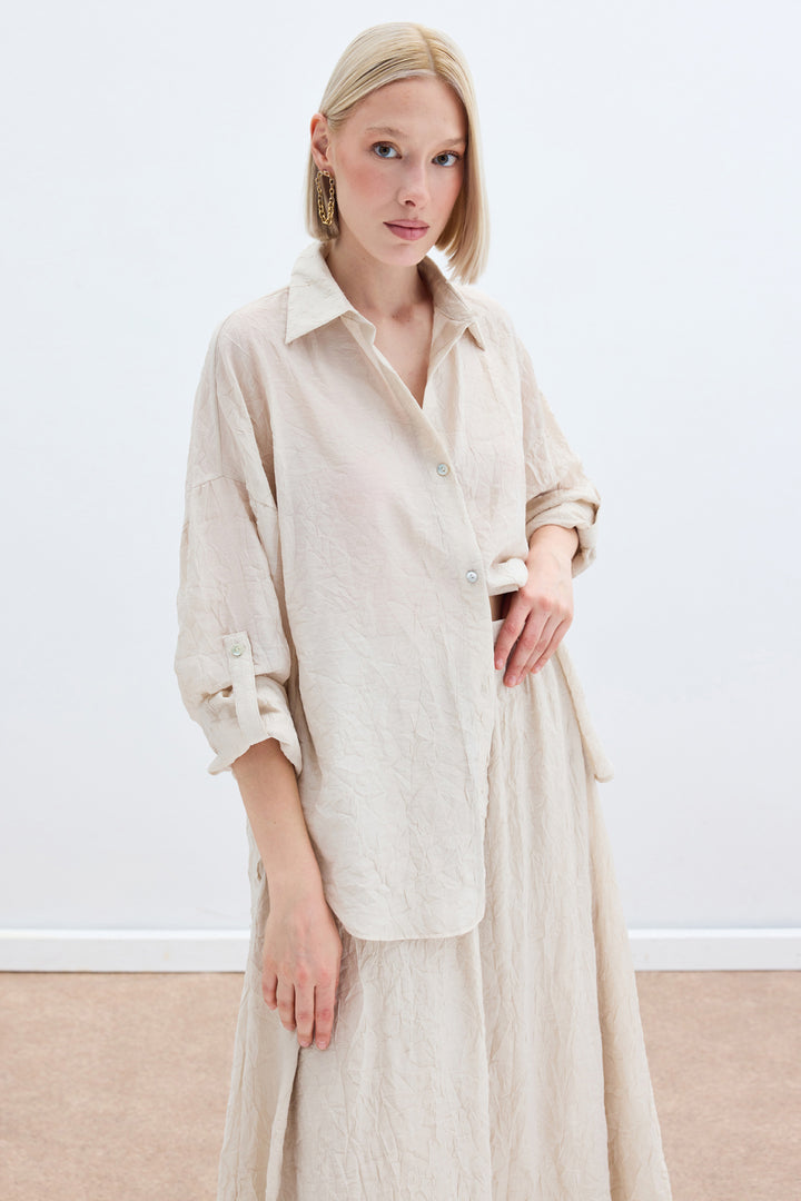Sateen Chemise Ample avec Détails de Manches - Beige