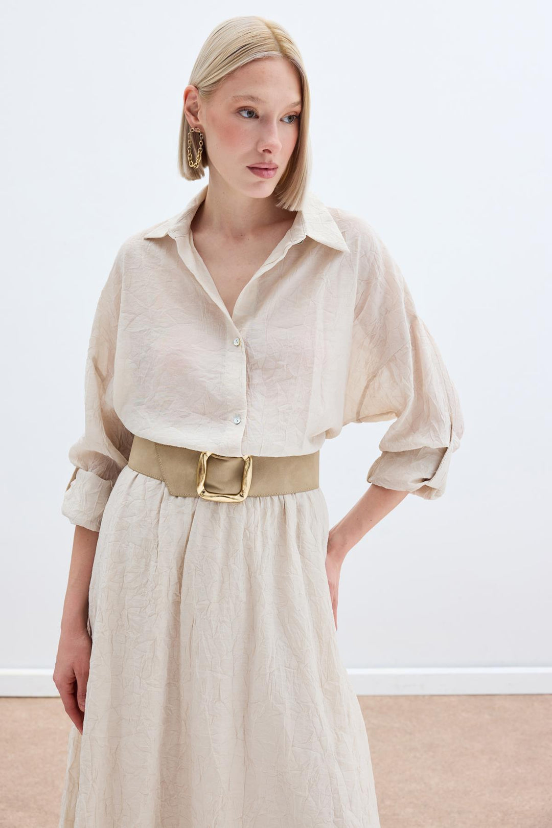 Sateen Chemise Ample avec Détails de Manches - Beige