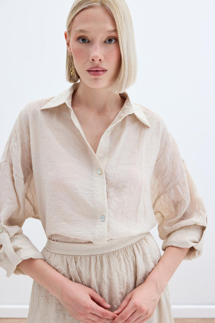 Sateen Chemise Ample avec Détails de Manches - Beige